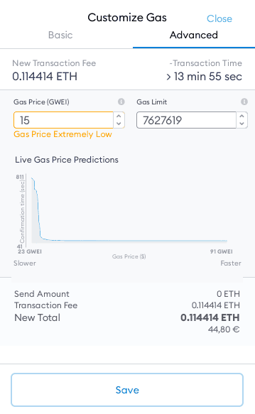 MetaMask's advanced settings allowing to tinker around with the gas prices