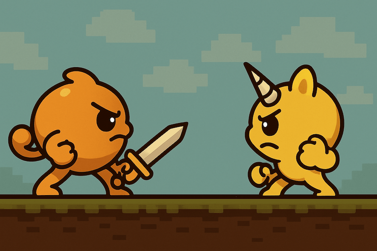 Two enemies facing each other, one holds a sword and other has a facial horn